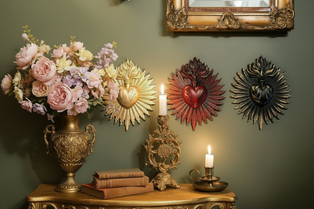 decorative wall art, against a dusty sage green wall, adding fresh flowers to vase, replacing skull candle and heart candle holder with more attractive ones.  keeping original table and picture frame.