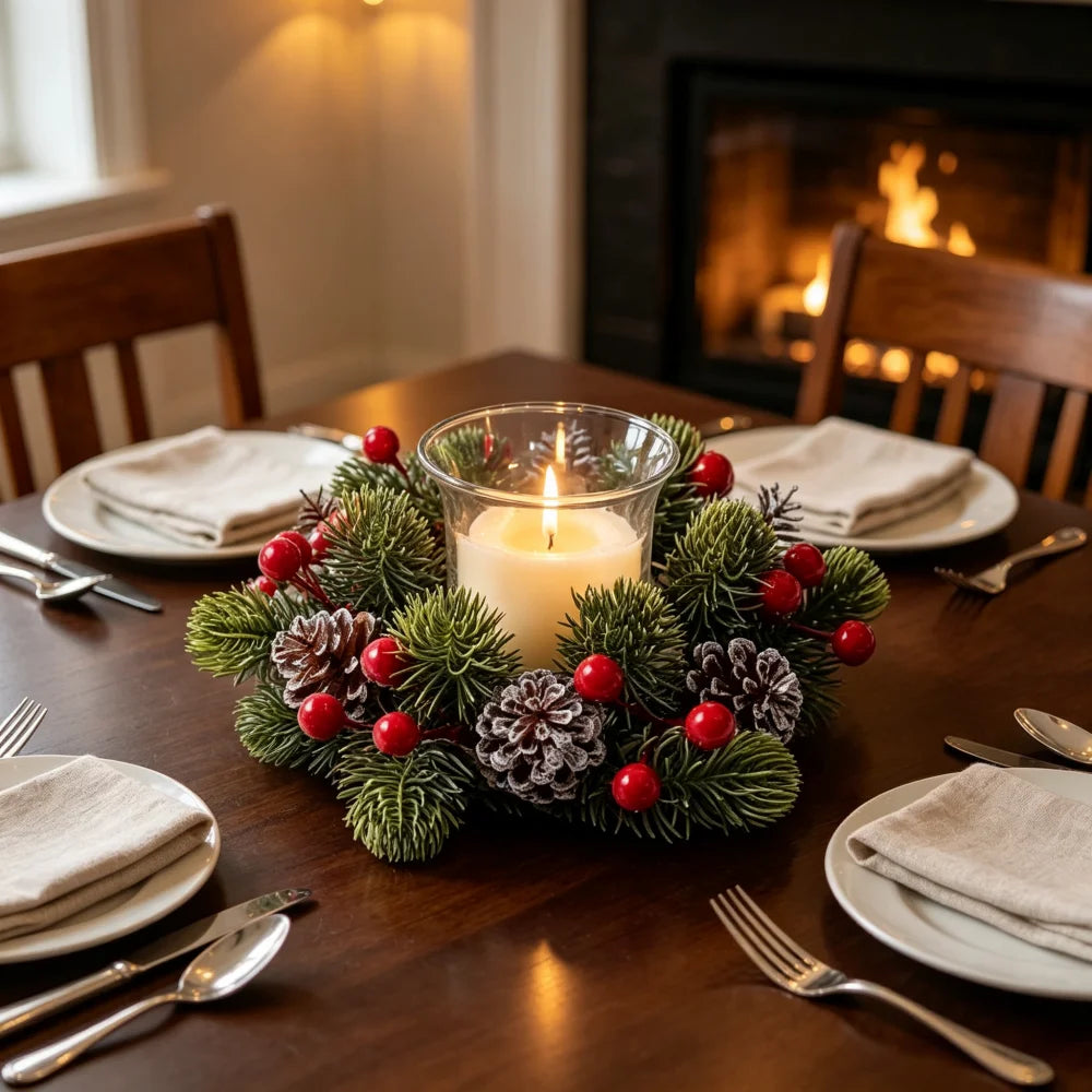 Red Berries Frosted Pinecones Centrepiece