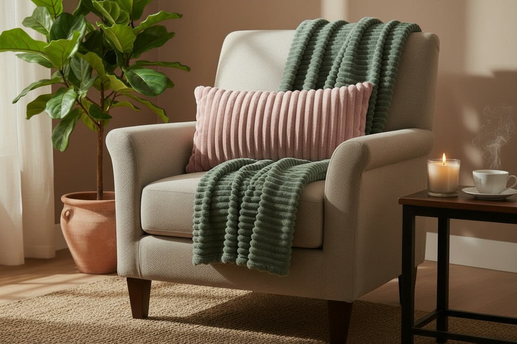 Cosy Corner Bundle lifestyle - sage green throw with dusty rose cushion