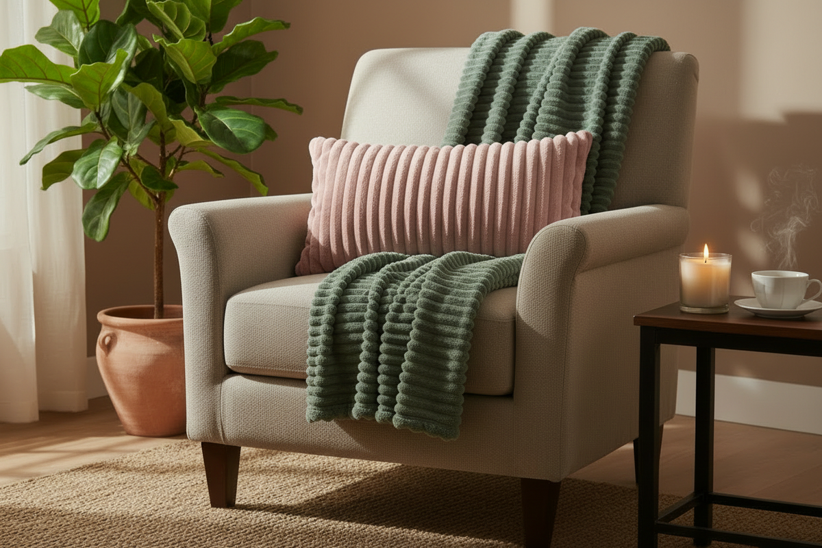 Cosy Corner Bundle lifestyle - sage green throw with dusty rose cushion