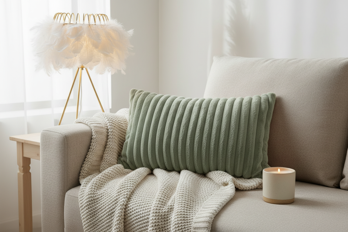 Super Soft Plush Cushion styled in a cosy earthy-luxury setting with Whimsical Feather Lamp