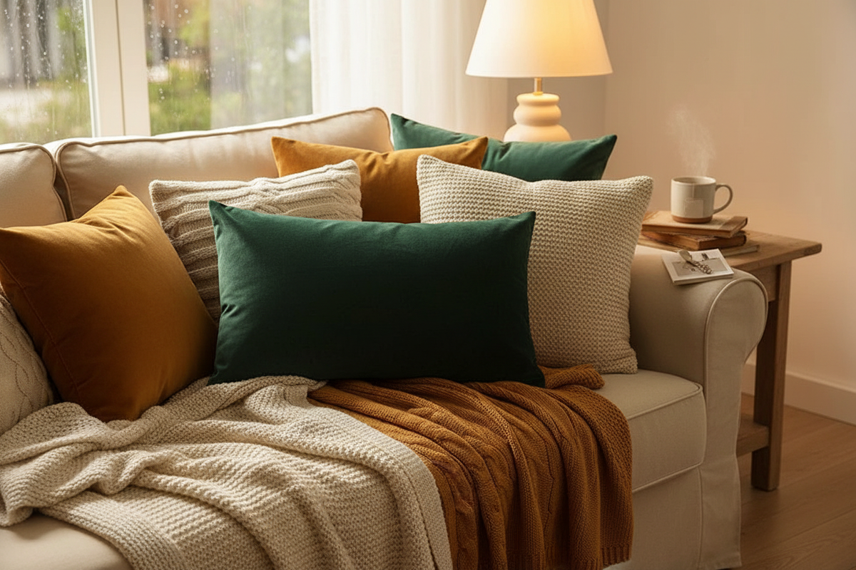 Soft Velvet Cushion Cover styled on a cosy sofa with chunky throws and warm lamp light