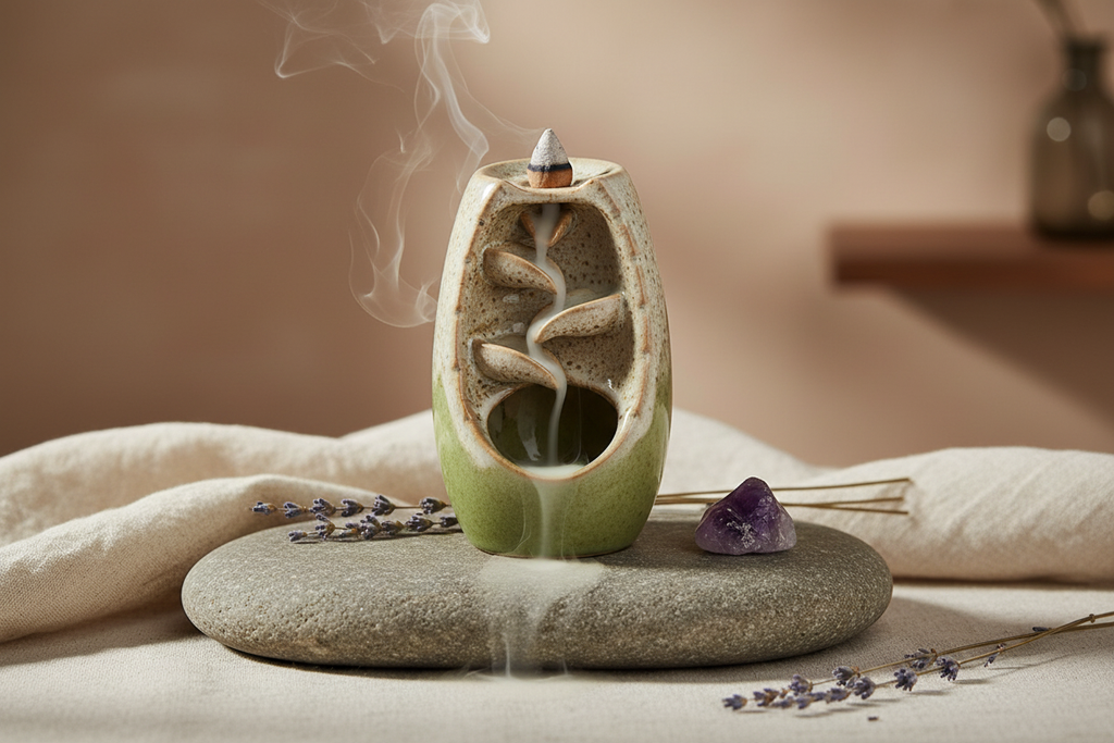 Ceramic Incense Waterfall Holder styled on a natural stone surface with amethyst crystal and dried lavender