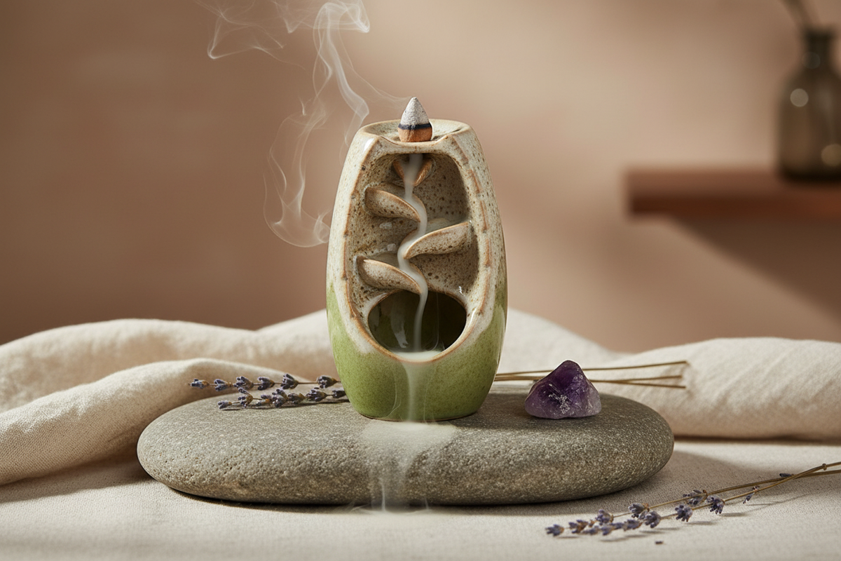 Ceramic Incense Waterfall Holder styled on a natural stone surface with amethyst crystal and dried lavender