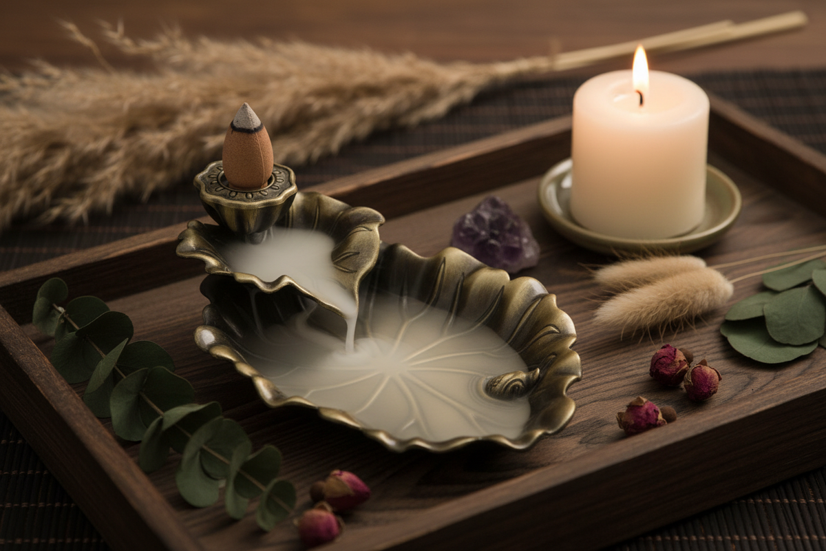 Metal Incense Waterfall Holder styled in a zen spa-inspired setting with crystals and candle