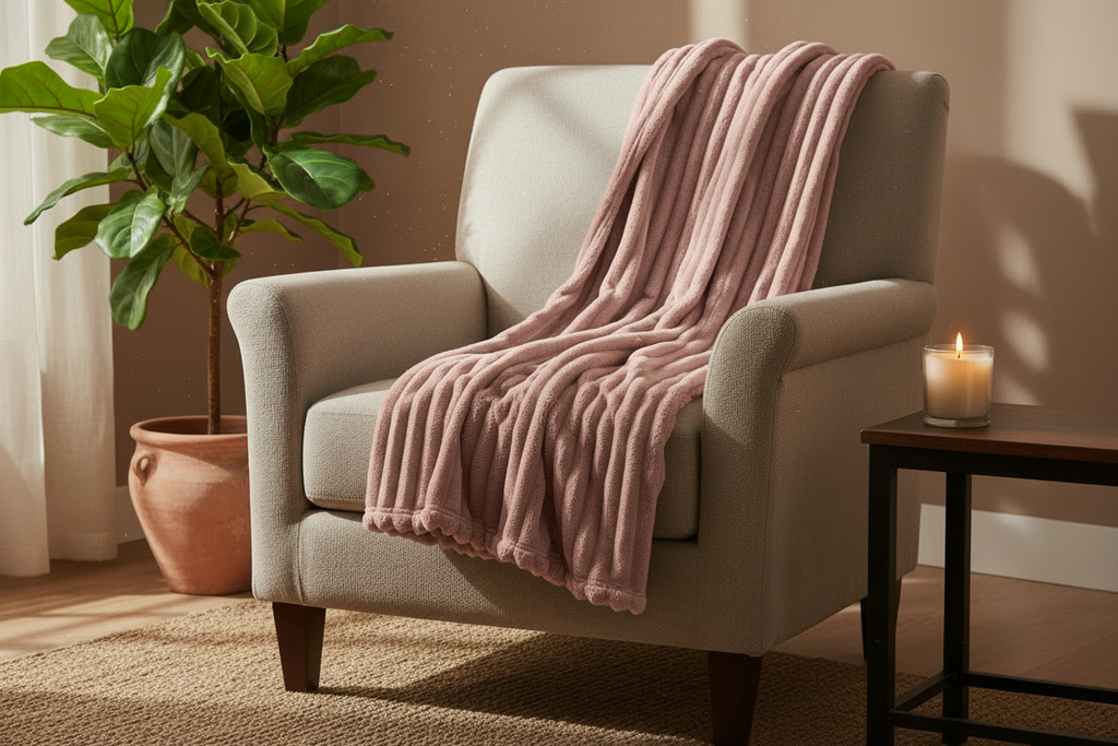 Pink Throw with Fiddle Leaf